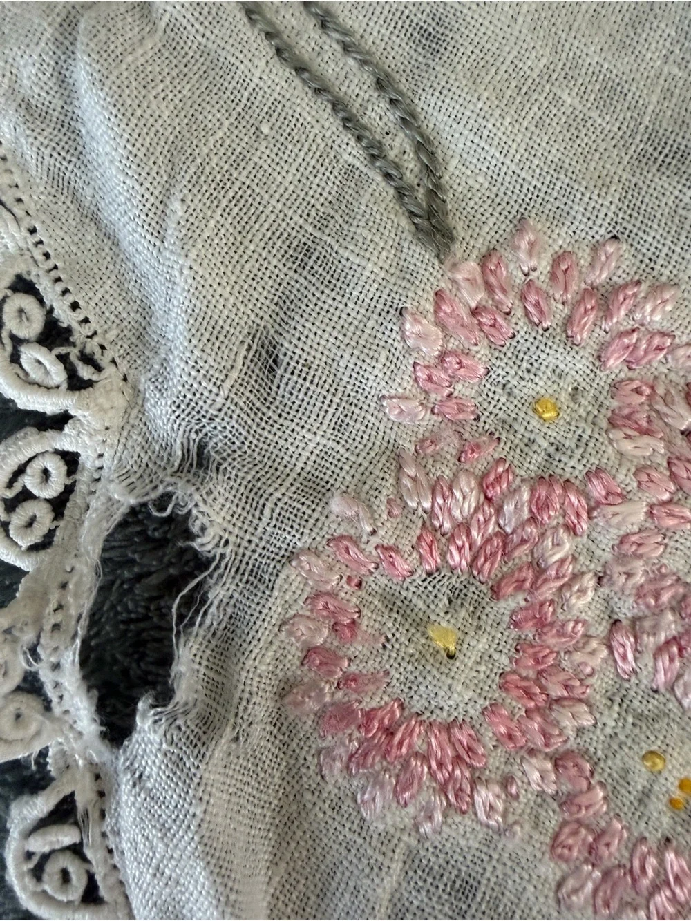 Vintage lot of 3 Hand-Embroidered doily, hand towel and round tablecloth